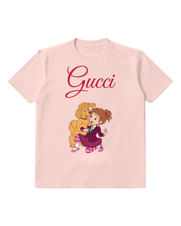 Blush Pink Girl With Curly Hair And Dog Graphic T-Shirt - front product view