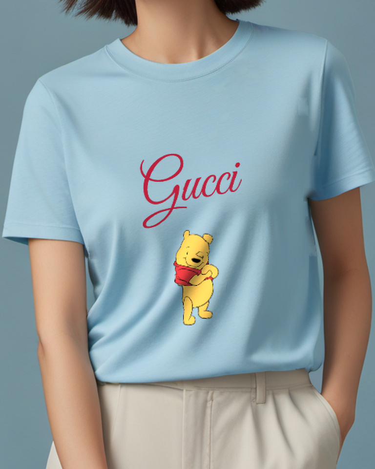 Sky Blue Yellow Bear Hands Together Graphic T-Shirt - model wearing view