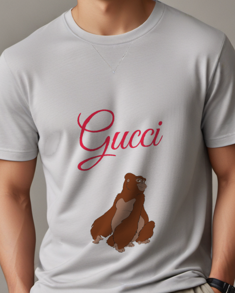 Light Gray Gorilla Sitting Upright Brown Fur Smiling Graphic T-Shirt - model wearing view