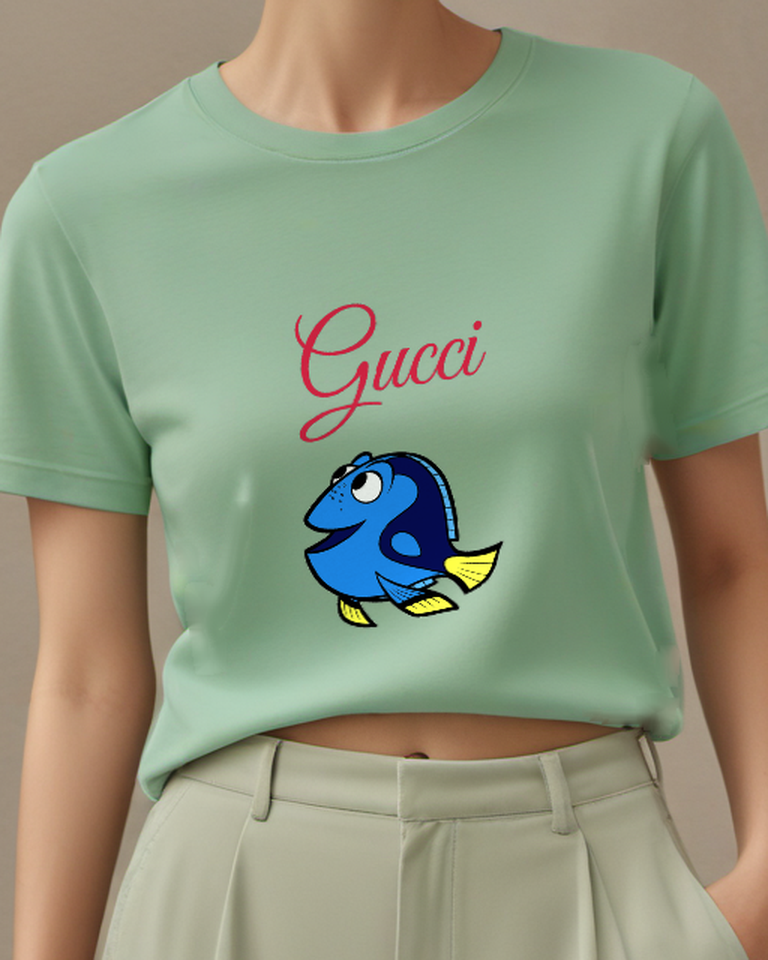 Sage Green Laughing Blue Fish Graphic T-Shirt - model wearing view