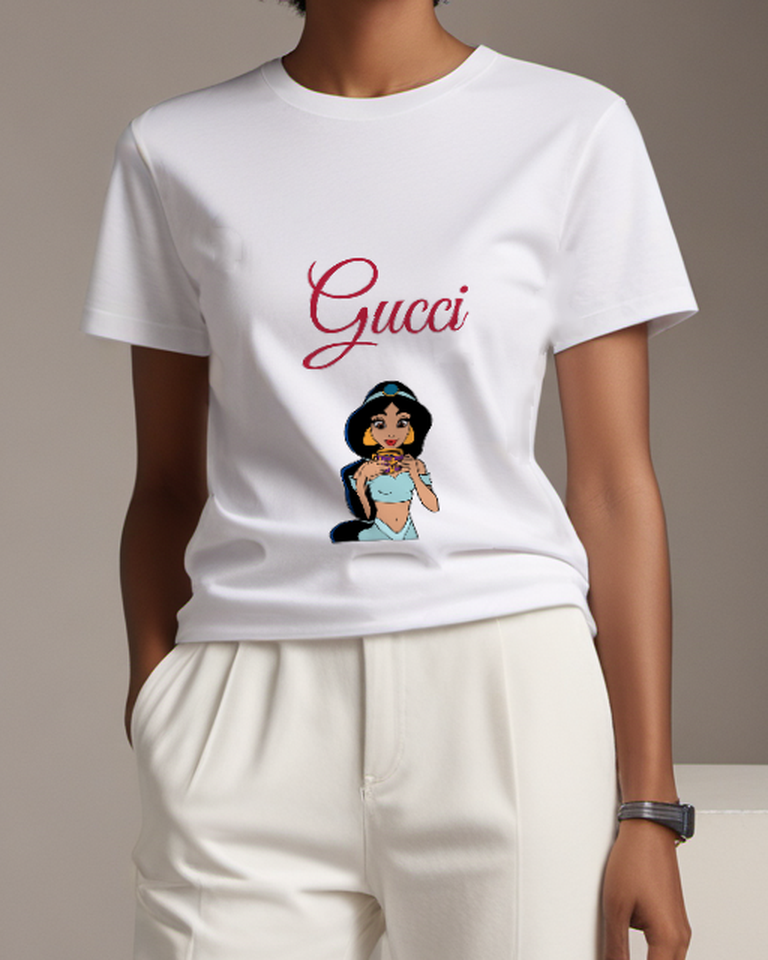White Jasmine Holding Ornate Cup Graphic T-Shirt - model wearing view