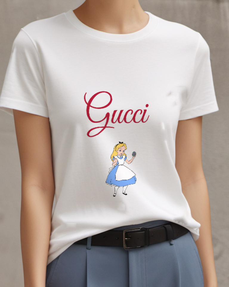 White Alice Holding Egg Waving Hand Graphic T-Shirt - model wearing view