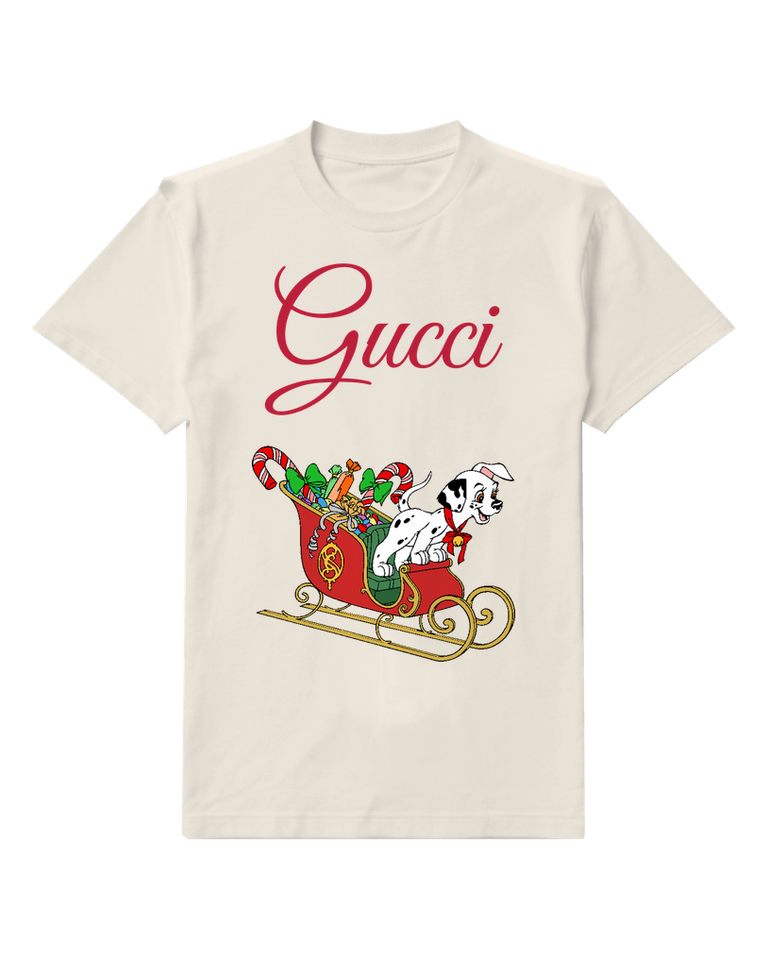 Light Gray Dalmatian Puppy In Red Sleigh Graphic T-Shirt - front product view