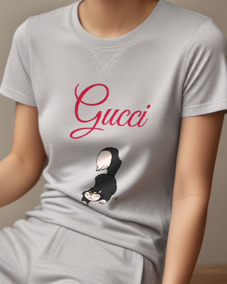 Light Gray Black Cat In Crouching Stance Graphic T-Shirt - model wearing view