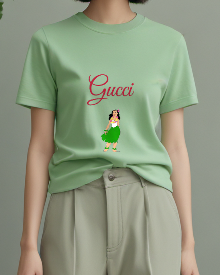Sage Green Hula Dancer In Green Skirt Graphic T-Shirt - model wearing view
