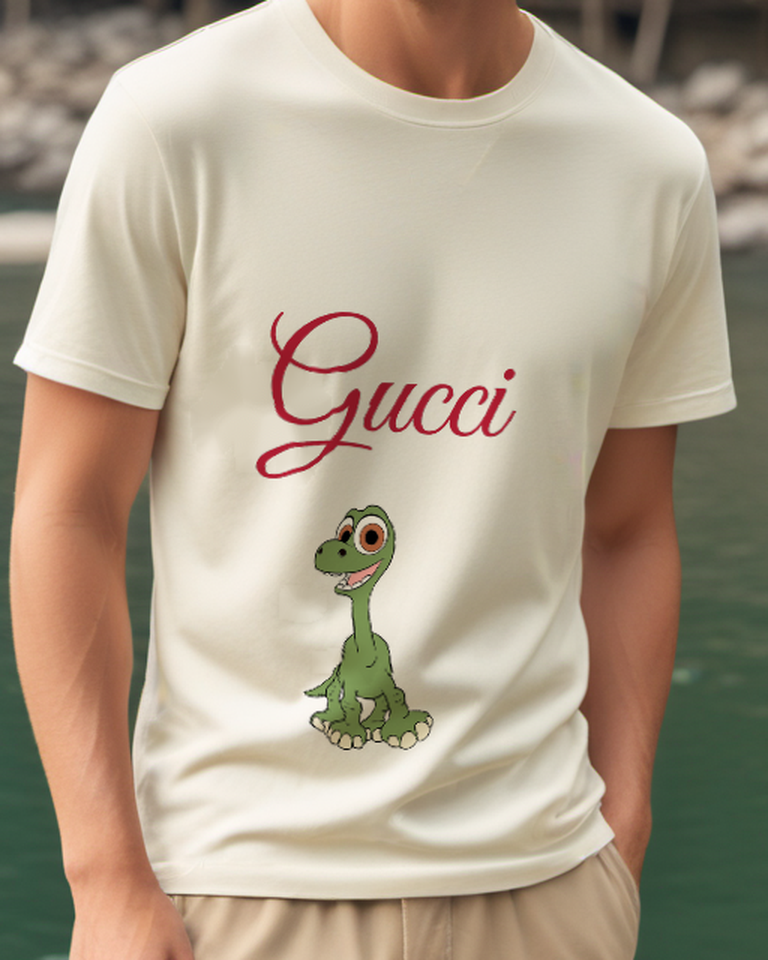 Ivory Baby Dinosaur Smiling Upright Graphic T-Shirt - model wearing view