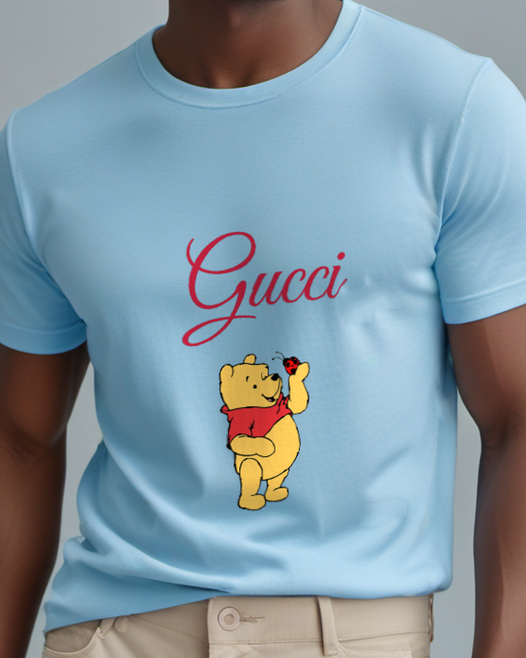 Sky Blue Bear One Paw On Head Graphic T-Shirt - model wearing view