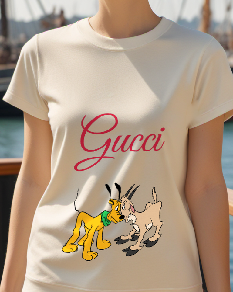 Beige Yellow Dog Gray Puppy Friend Graphic T-Shirt - model wearing view