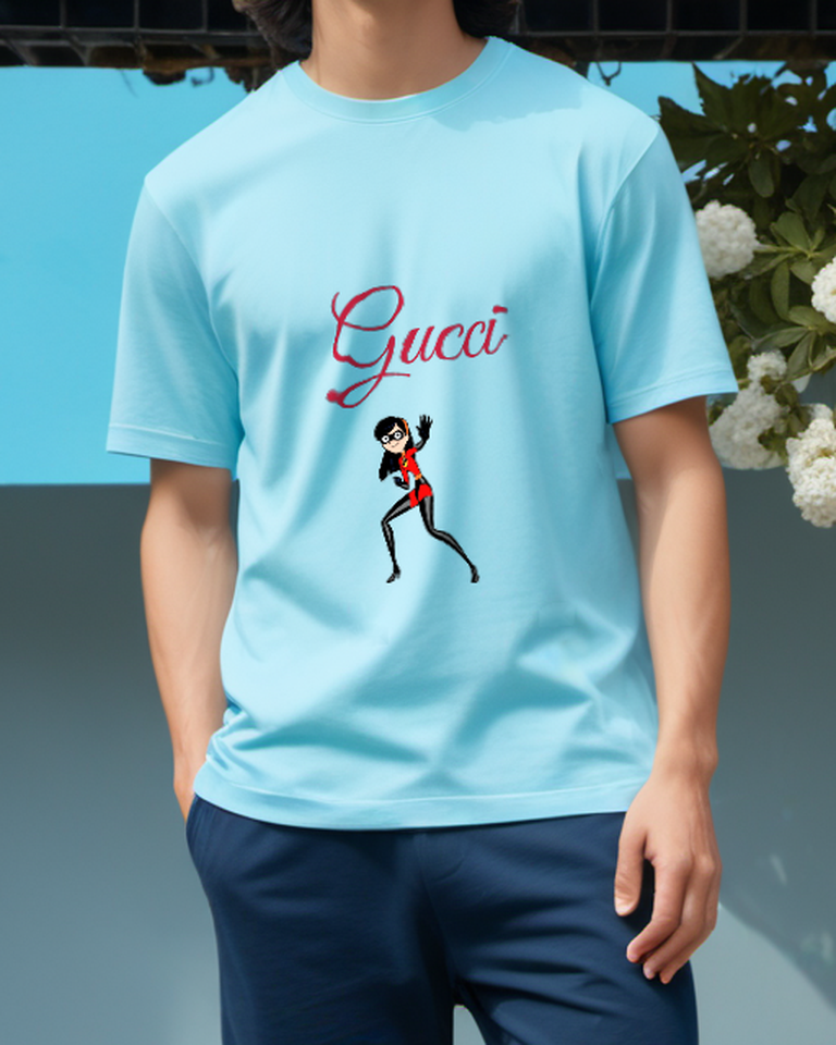Sky Blue Red Masked Girl Fighting Stance Graphic T-Shirt - model wearing view