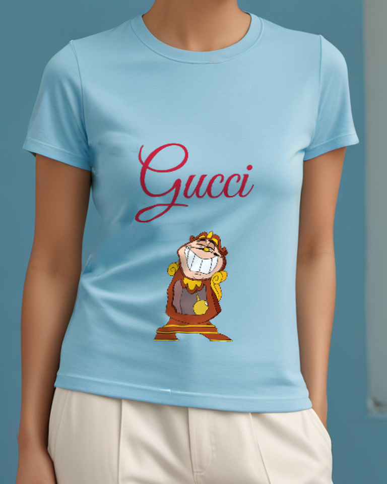 Sky Blue Clockwork Character Grins Widely Graphic T-Shirt - model wearing view