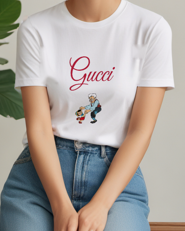 White Pinocchio Being Lifted By Geppetto Graphic T-Shirt - model wearing view