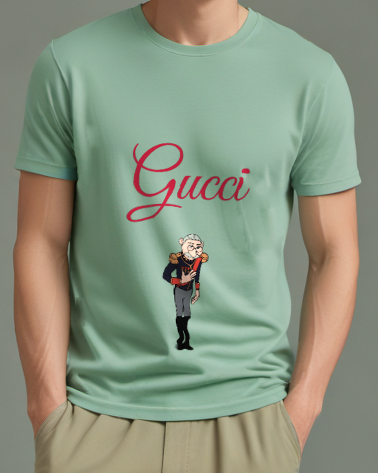Sage Green Old Man In Military Uniform Bowing Graphic T-Shirt - model wearing view