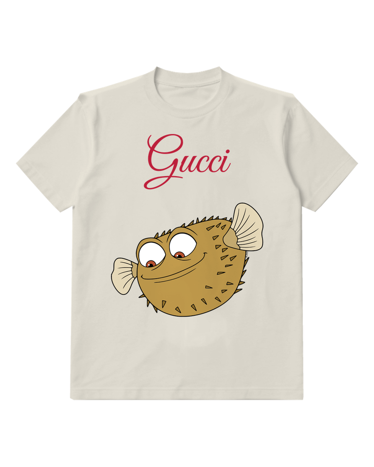 Light Gray Round Golden Puffer Fish Graphic T-Shirt - front product view