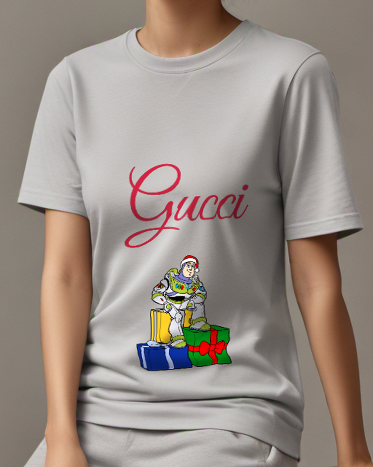 Light Gray Buzz Lightyear Sitting On Gifts Graphic T-Shirt - model wearing view