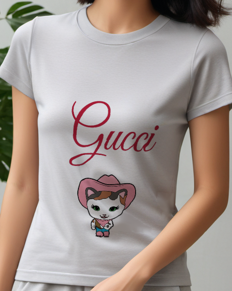 Light Gray Tiny Pink Hood Kitten Graphic T-Shirt - model wearing view