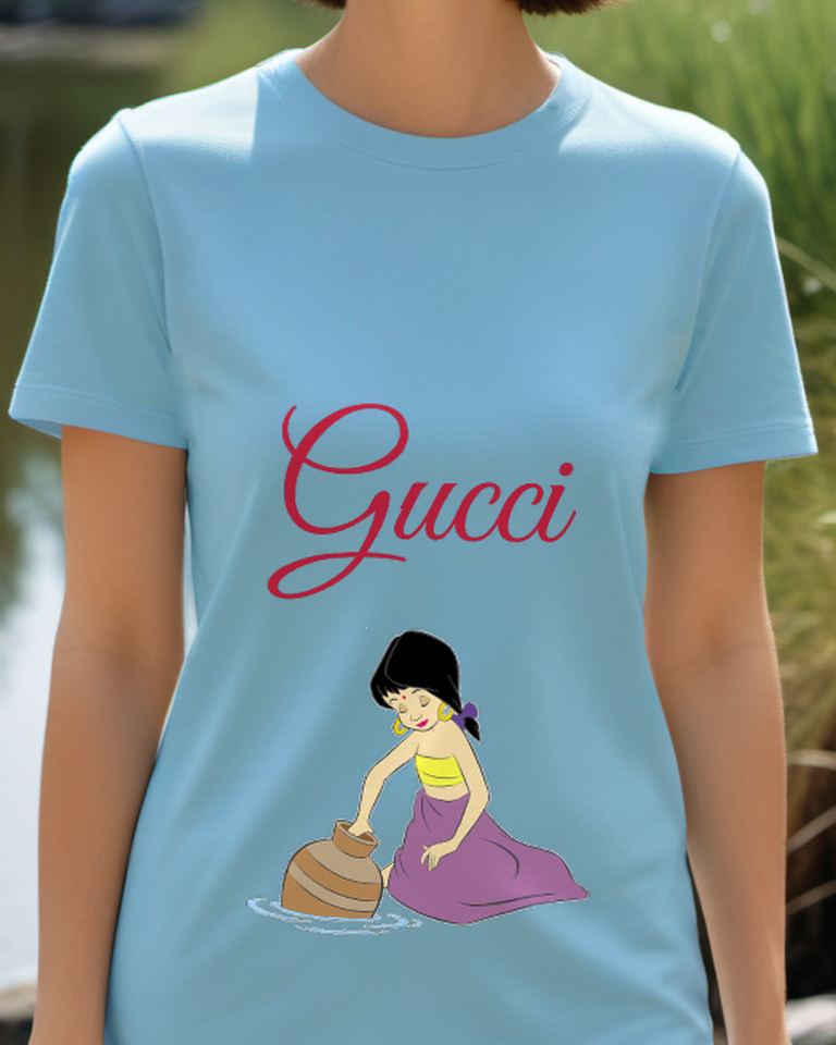 Dusty Blue Girl Kneeling Beside Water Pot Graphic T-Shirt - model wearing view