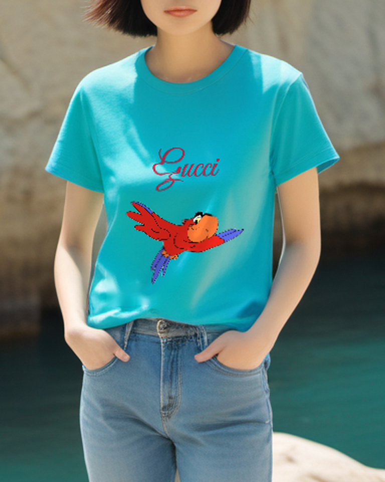 Sky Blue Gliding Red Parrot Graphic T-Shirt - styled view 4