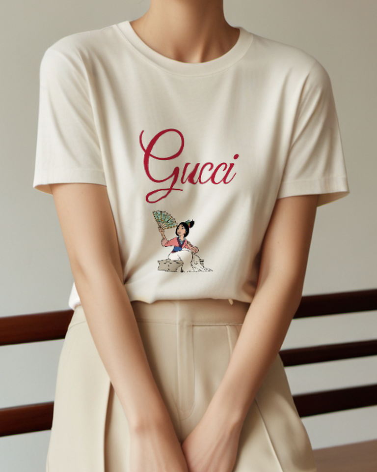 Ivory Mulan Seated Fan Held High Graphic T-Shirt - model wearing view
