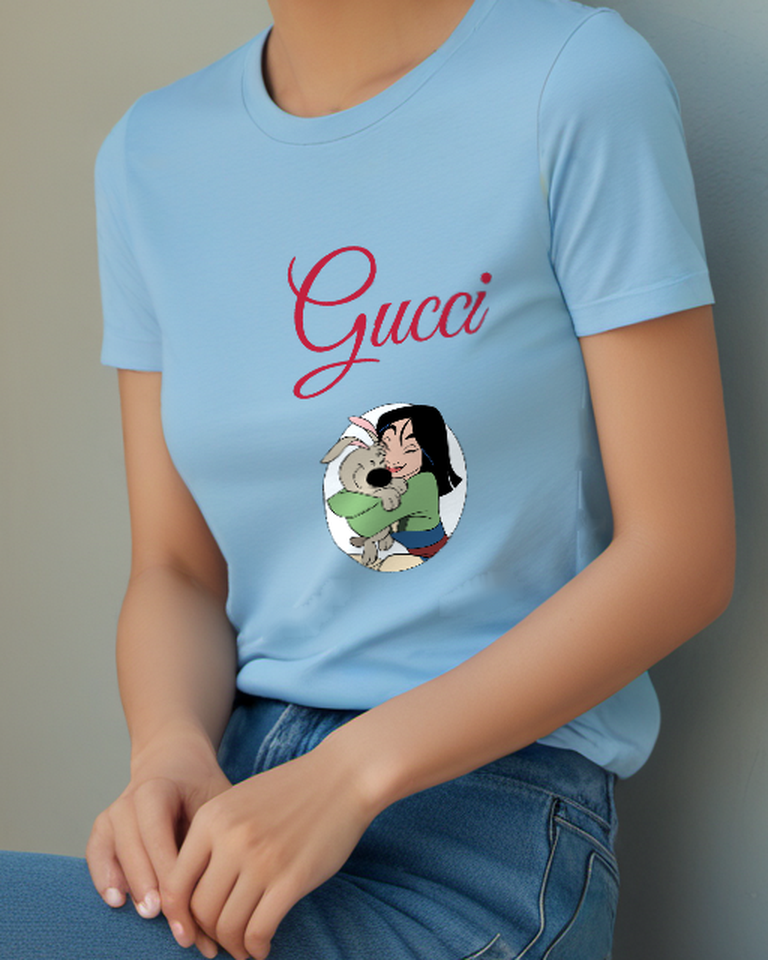 Sky Blue Mulan Hugs A Small Dog Graphic T-Shirt - model wearing view