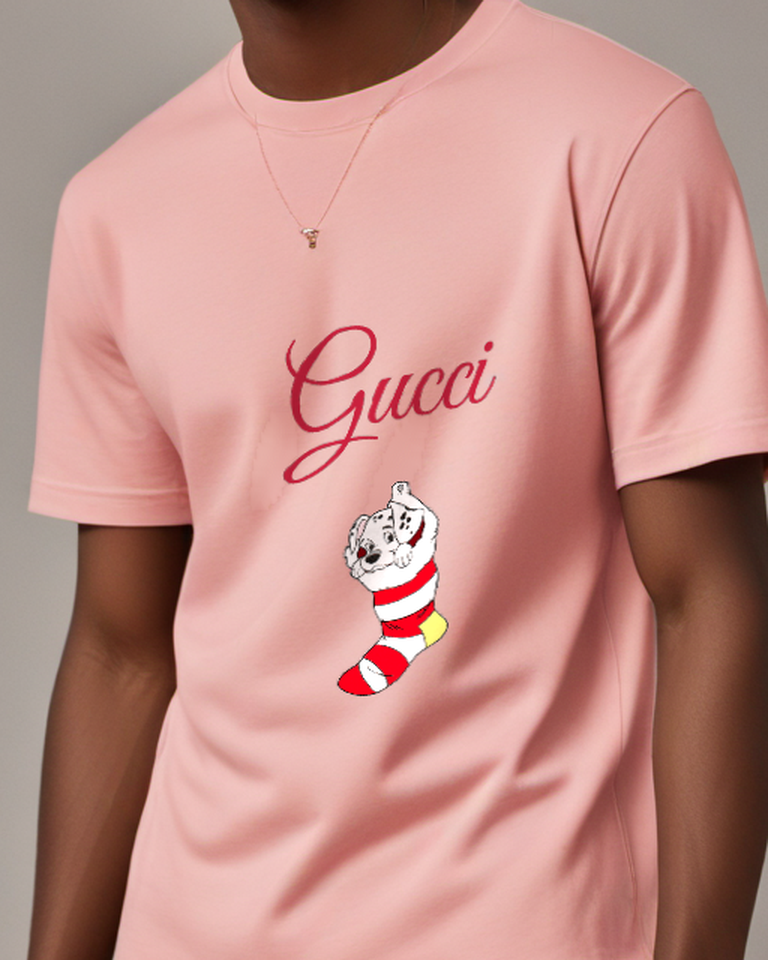 Blush Pink Dalmatian Puppy In Striped Stocking Graphic T-Shirt - model wearing view