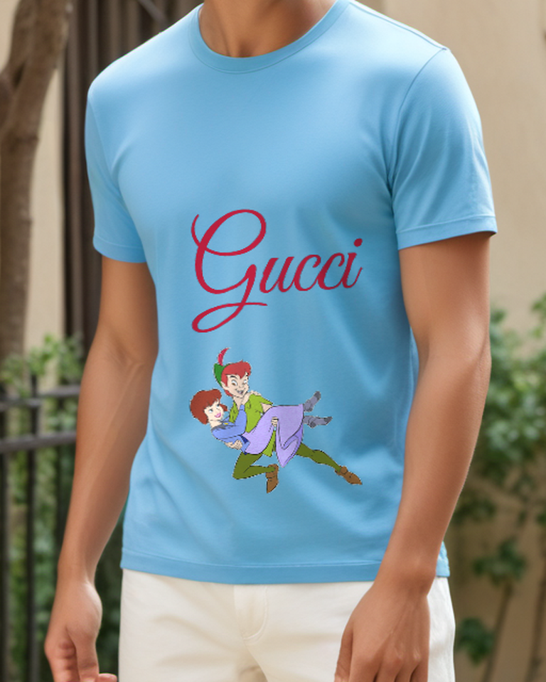Sky Blue Flying Boy Carrying Purple Girl Graphic T-Shirt - model wearing view