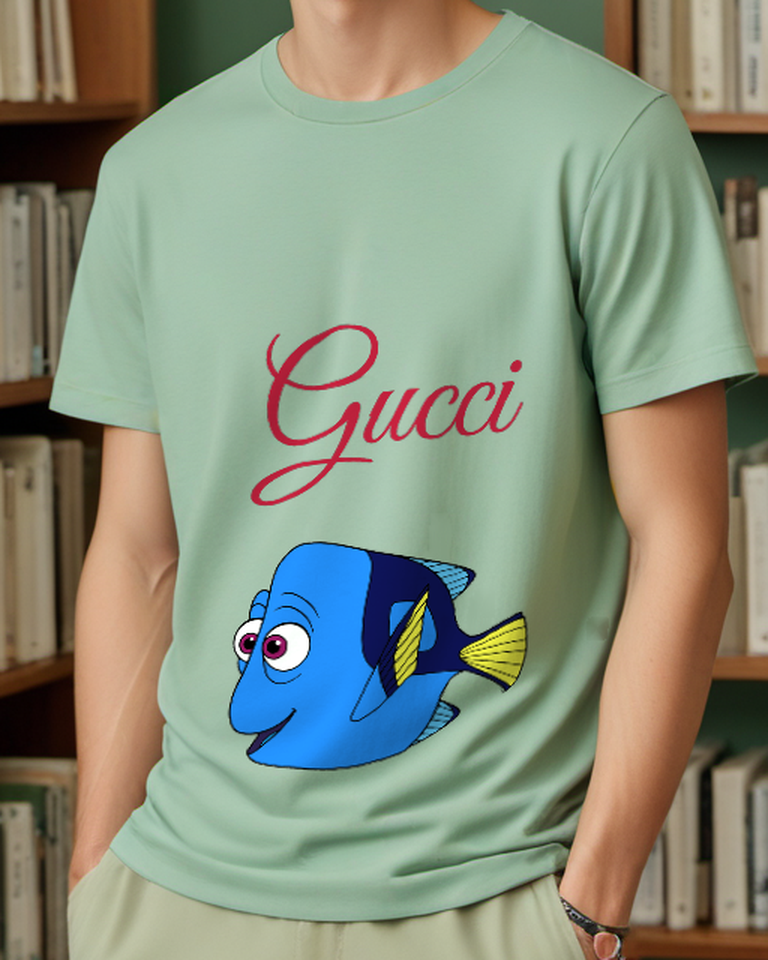 Sage Green Blue Fish Yellow Tail Graphic T-Shirt - model wearing view