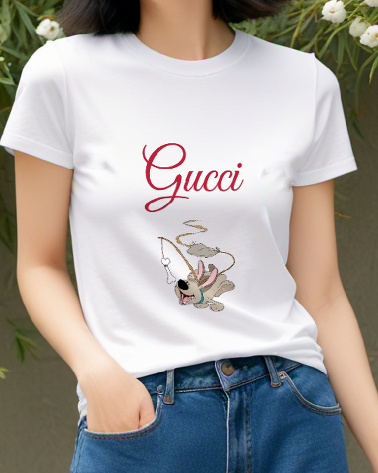 White Playful Dog Halo And Wings Graphic T-Shirt - model wearing view