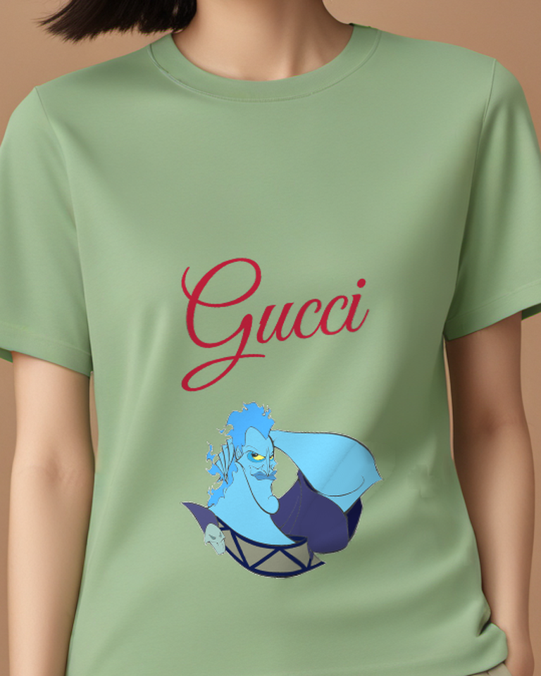 Sage Green Hades Seated Blue Skinned Figure Graphic T-Shirt - model wearing view