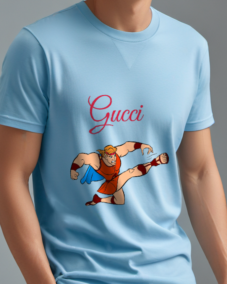 Sky Blue Hercules Kicking Forward Graphic T-Shirt - model wearing view